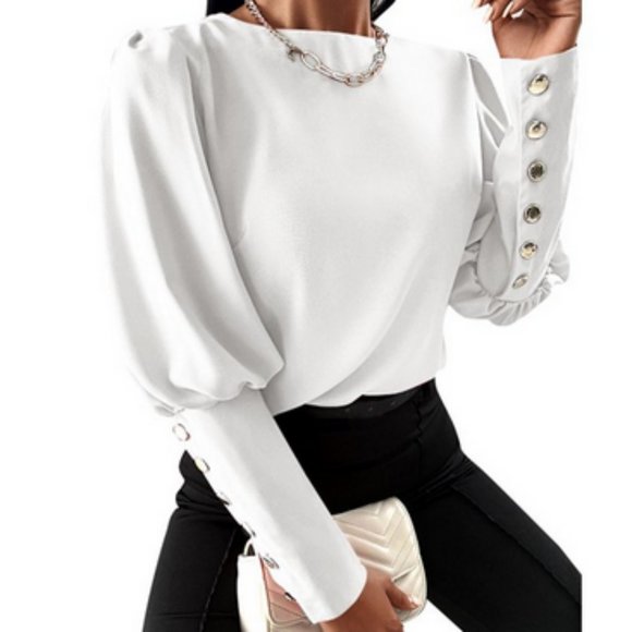 VONDA Tops - VONDA Women's Puff Sleeve Elegant Blouse in White Size L NWT $54